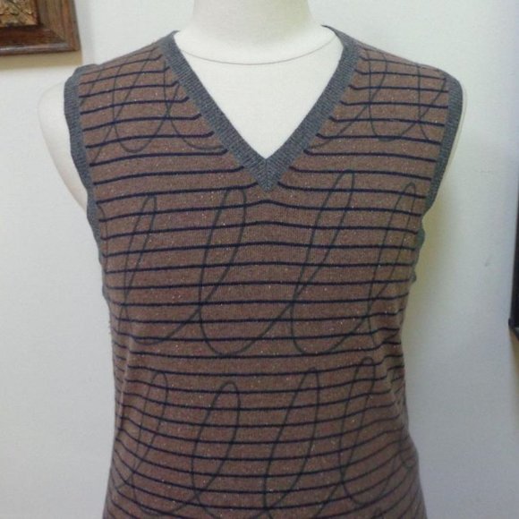 ADAM Man's Brown and Black Stripe 100% Cashmere V-Neck Sweater/Vest Size: M - Picture 7 of 9
